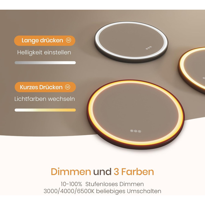 Круглий дзеркало для ванної кімнати EMKE з підсвічуванням 50см, регулювання кольору світла, антизапарник, пам'ять, сенсорне управління, таймер 3 години, енергозберігаючий