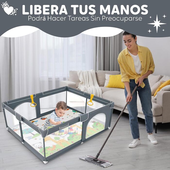 EveryKip® Дитячий манеж 120x120 см з сіткою, з дверцятами на блискавці, для дітей, з переносною сумкою та кільцями для ручок