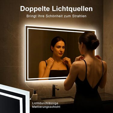 Дзеркало для ванної кімнати Youyijia з підсвічуванням, 70x50 см, антизапітніюче, сенсорне керування, 3 кольори світла, регулювання яскравості, 3500K-6500K