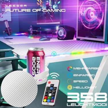 Ігровий стіл KESSER® LED 160x60 см | З-подібний стіл для геймерів | Тримач для навушників & вуглецеве покриття | Ергономічний стіл для ПК | Стабільний стіл з підстаканником, білий