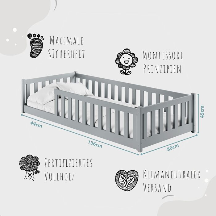 Дитяче ліжко Kids Collective Kinderbett з бортиками та ламелями, 80x180 см, сірий, для дітей від 4 до 18 років