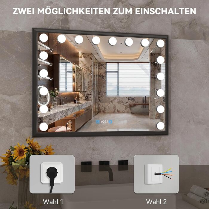 Дзеркало для ванної кімнати YOURLITE з LED-підсвічуванням 100x60 см, сенсорне управління, годинник, антизапотівання, 3 кольори світла, регулювання яскравості, функція пам'яті, білий/чорний