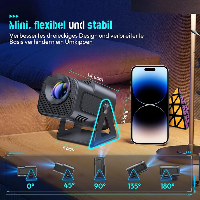 Портативний проєктор Xgody Gimbal 3: 12000 Люмен, Android 11.0, WiFi 6, Bluetooth, 720P HD (підтримка 4K), Автоматичне вирівнювання зображення, для домашнього кінотеатру (білий/чорний)