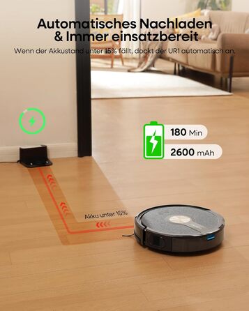 Робот-пилосос з функцією миття 5000Pa, 3-в-1 з часом роботи 180 хвилин, для прибирання шерсті тварин та килимів, з керуванням через додаток, чорний
