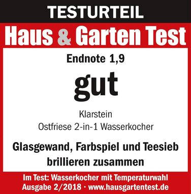 Електричний чайник Klarstein Ostfriese з частуванням, 1.7 л, 2200 Вт, 4 температурні режими, Cool-Touch, нержавіюча сталь & скло