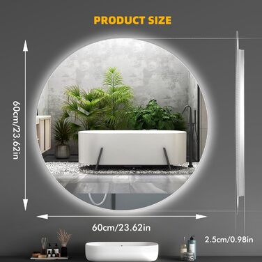 Дзеркало для ванної кімнати Sararoom з підсвічуванням, кругле LED дзеркало 600 мм, з підсвічуванням, 3 кольори світла, регулювання яскравості, запобігання запотіванню, кругле скло, функція пам'яті, 600 x 600 мм