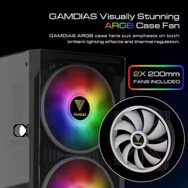 Ігровий корпус GAMDIAS Apollo E2 Elite, Mid-Tower ATX, загартоване скло, 3x 200 мм ARGB вентилятори, безінструментальна установка, підтримка плат до ATX