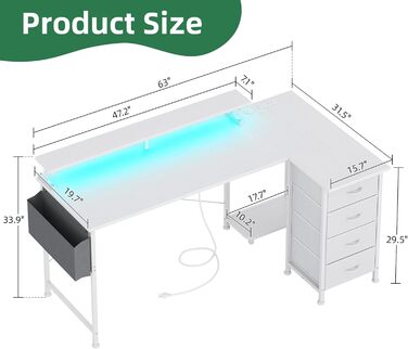 Кутовий ігровий стіл VERMESS з 4 шухлядами, 160 см, поворотний, з розетками та USB-портом, для дому та офісу