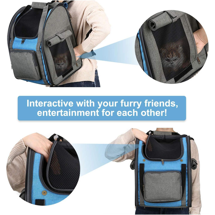 Рюкзак для кішок HAPPY HACHI, портативний рюкзак для домашніх тварин, складаний рюкзак для перенесення кішок з сітчастим вікном, водонепроникний рюкзак для цуценят, сумка для собак (сірий і синій)