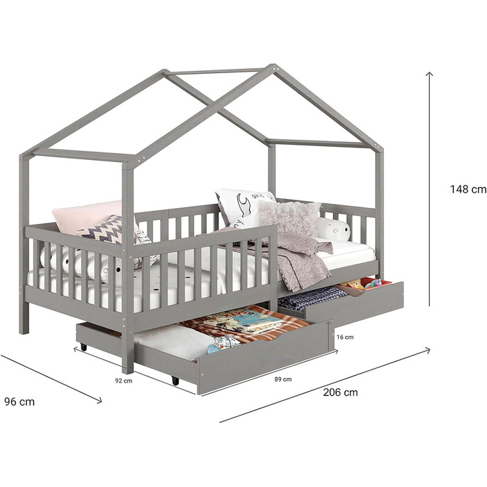 Ліжко для дому IDIMEX ELEA з масиву сосни, дитяче ліжечко із захистом від падіння 90x200см, ігрове ліжко з дахом (сірий)