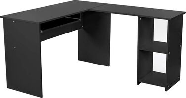 Кутовий стіл, великий комп'ютерний стіл з 2 полицями та висувною шухлядою для клавіатури, письмовий стіл, 140 x 120 см, стійкий стіл для ПК, комбінація кутів, офісний стіл, легка збірка, чорний, LCD810B