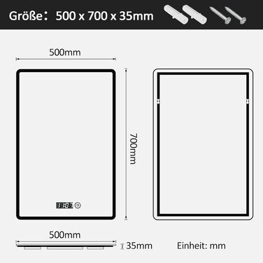 Дзеркало для ванної кімнати з підсвічуванням та годинником Boromal 50x70 см, диммер, 3 кольори світла, 2470 лм