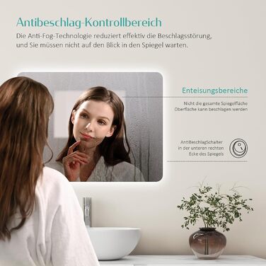 Дзеркало для ванної кімнати EMKE з підсвічуванням 40x60 см, антизапар, 2 кольори світла (тепле/холодне), вимикач-рейка, IP44, енергозберігаюче, захищене від вибуху