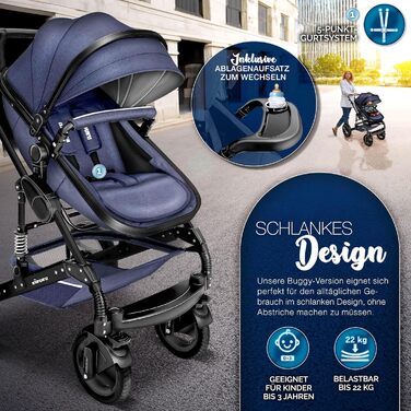 Дитяча коляска KIDUKU® 3 в 1 XXL Комплект | Комбінована коляска з люлькою, прогулянковим блоком та автокріслом | З підставкою для ніг, пеленальною сумкою, підстаканником, захистом від дощу, шинами з повним покриттям, відповідає стандарту ECE R129 (Синій /
