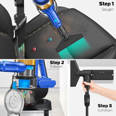 Бездротовий акумуляторний пилосос KESSER® з LED-дисплеєм, до 60 хвилин роботи, тихий, без мішка, з антинамотувальною щіткою, HEPA-фільтр, аромакарта (блакитний/золотий)