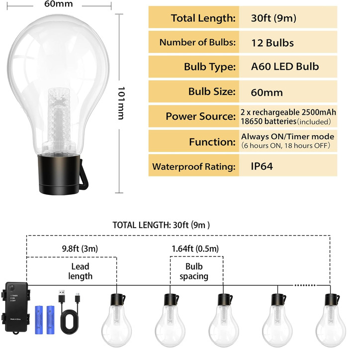 LED ліхтарна гірлянда для зовнішнього використання на батарейці з таймером, 9м, 12 лампочок A60, USB зарядка, 5000mAh, для декорування саду, вікна, сходи, весілля