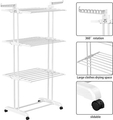 Сушарка для білизни SIMPDIY вертикальна баштового типу, розкладна сушарка з 6 крилами та 2 бічними панелями на колесах для дому та вулиці, біла