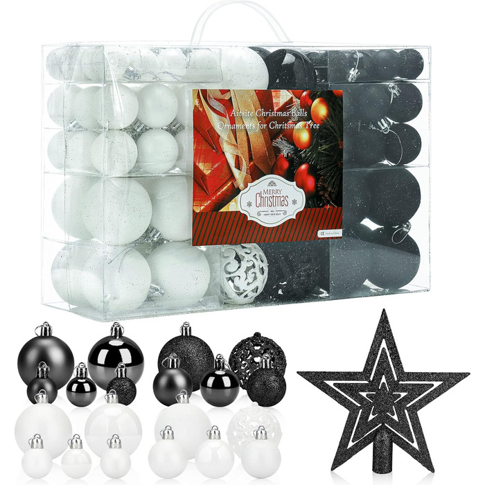 Кульки Aitsite 10 Ялинкові кулі чорні 6 см/4 см/2 см пластикові ялинкові прикраси ялинкові кулі мішура прикраса дверей (білий/чорний)