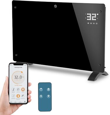 Скляний конвекторний обігрівач Daromigo 2000W з термостатом та WiFi, IP24, настінний, енергозберігаючий, чорний