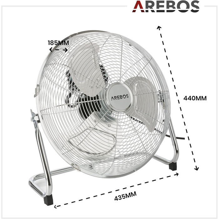 Підлоговий вентилятор Arebos Ø36 см Вітряна машина в стилі ретро Вентилятор 3 режими швидкості Висока швидкість повітряного потоку Регульований кут нахилу 100 Хром