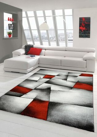 Килим-дизайнерський килим мрії, Сучасний килим, килим для вітальні, килим з коротким ворсом, з вирізом по контуру, розмір в клітку (200 см, квадрат, Червоний, сірий, білий, чорний)