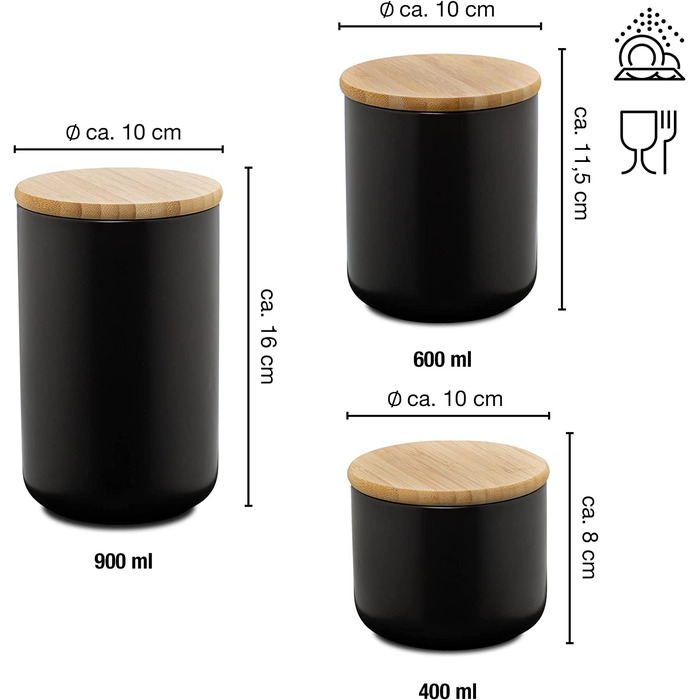 Банки для зберігання, чорні 400-900 мл Для запису Керамічні з бамбуковою кришкою Набір з 3 шт., 3 шт.