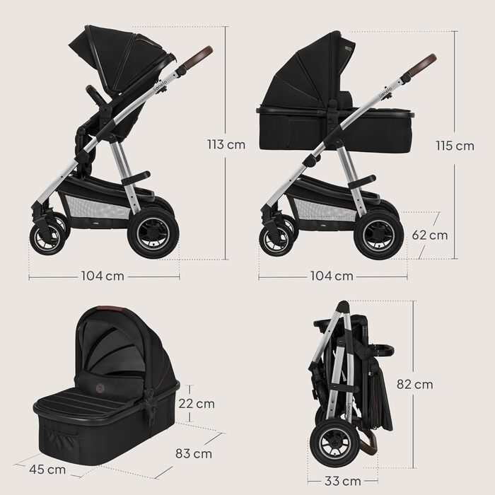 Коляска Lionelo Amber 3-в-1: люлька, автокрісло i-Size, прогулянкове сидіння, повітряні колеса, поворотне сидіння, XXL капюшон UPF 50+, сумка, москітна сітка, дощовик, чорно-срібна