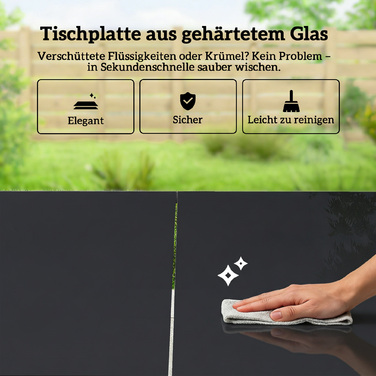 Набір садових меблів: комплект для відпочинку 150 x 80 см з розкладним столиком зі скла та 6 дихаючими стільцями з декоративними підлокітниками, колір - чорний.