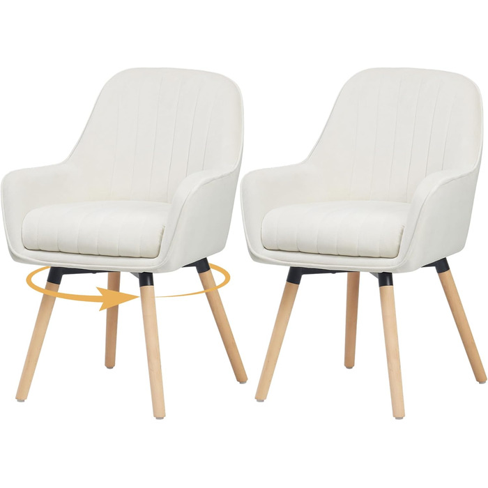 Крісла для обідньої зони ELUCHANG (2 шт.), поворотні на 360°, м'яке сидіння 10 см, високі підлокітники, кремово-білий велюр, до 150 кг, для спальні, кухні, вітальні