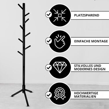 Дерев'яний вішак для одягу Bayt - стійка для одягу 175 см з 8 гачками, чорний колір