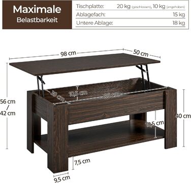 Журнальний столик Yaheetech з регульованою висотою та прихованим місцем для зберігання, 98 x 50 x (42-56) см, колір еспресо