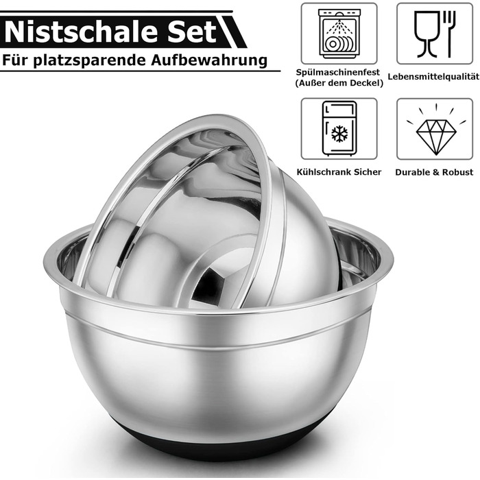 Набір місок TEAMFAR 7 шт., нержавіюча сталь, з кришками та силіконовим дном, 0,7L - 6,5L, чорний