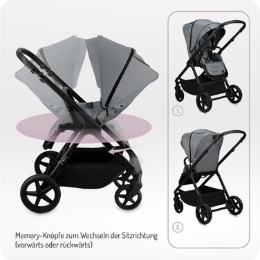 Дитяча коляска MoMi GISELLE 2 в 1 комбінована, сіра, з функцією візка, 5-точкова система безпеки, від народження до 22 кг, з корзиною для покупок, матрацом, дощовиком та пеленатором