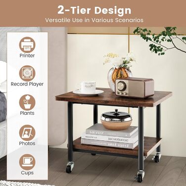 Стіл для принтера HOMASIS 2-ярусний, стійка для принтера з 4 колесами та 2 гальмами, вантажопідйомність 55 кг, підставка для принтера, полиця для принтера, візок для принтера для офісу та дому (колір: коричневий)