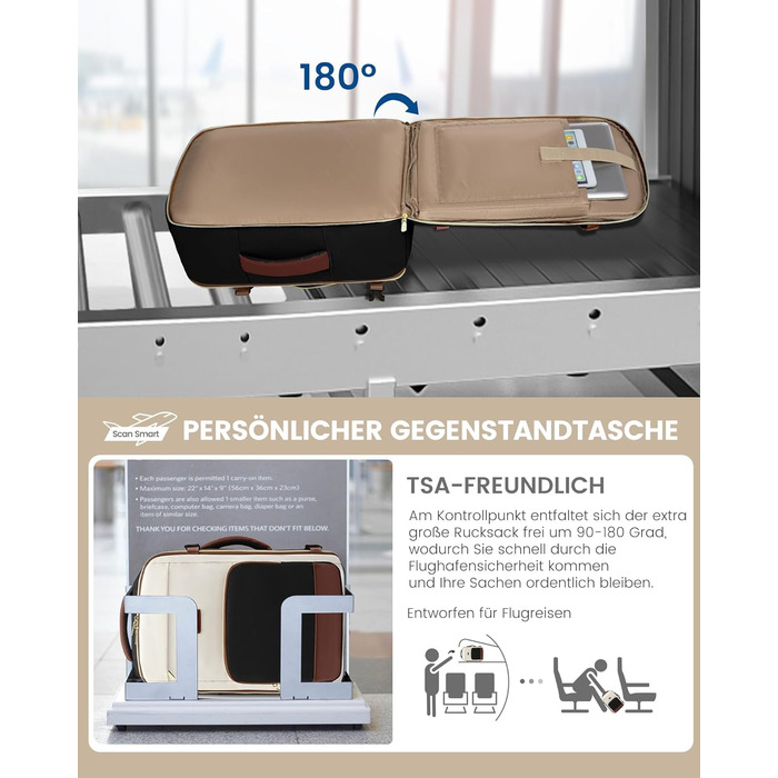 LOVEVOOK Рюкзак ручної поклажі, 17.3 дюйми, 40L, для подорожей та бізнесу, водонепроникний, для жінок, 45x30x20см, 4 кольори (Teegrün, Beige, Schwarz, Braun)