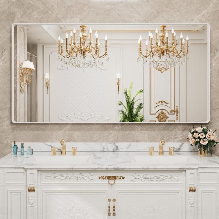 LOAAO Дзеркало для ванної кімнати 61 x 91.4 см з округлим прямокутним кольоровим каркасом, дзеркало для макіяжу з нержавіючої сталі, для кріплення на стіну, з загартованим склом, можна встановити горизонтально або вертикально, розмір 24'x36' (Білий/Розкіш