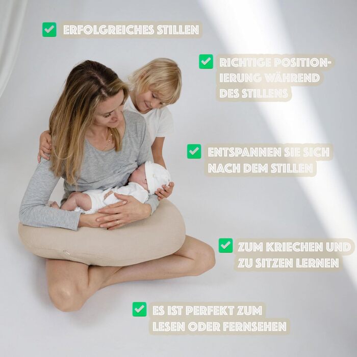 Подушка для годування та вагітності PaLulli XL (170x30 см), органічна бавовна муслін, бежева