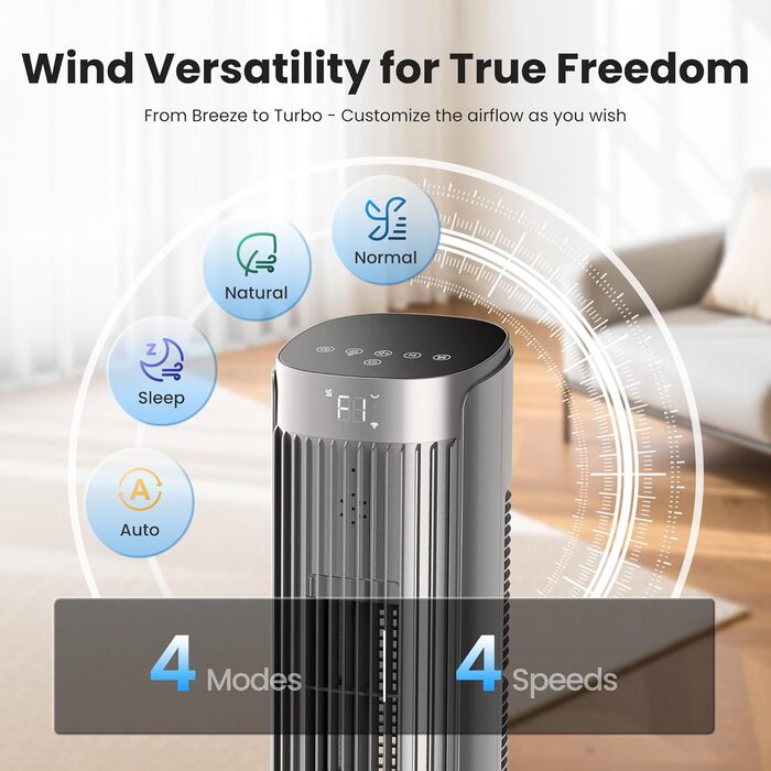 Турбовентилятор Leiser з осциляцією 90°, пульт дистанційного керування та Wi-Fi, 4 швидкості та 4 режими, таймер 12 годин, сірий, 91 см