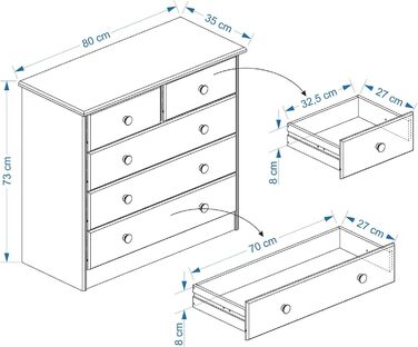 Комод Rondo, Credenza з 5 шухлядами, сервант з масиву сосни, дерев'яні ручки (натуральні)