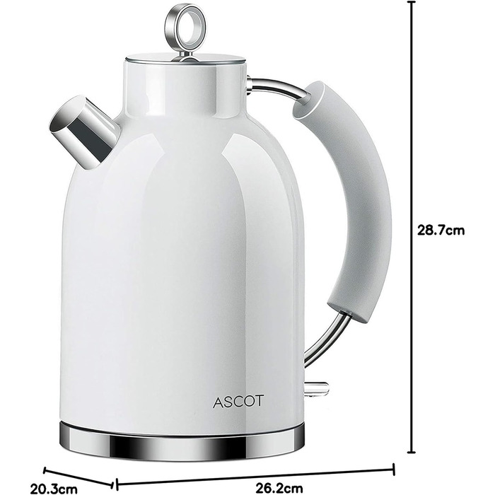 Чайник ASCOT з нержавіючої сталі 1,5 л, електричний чайник, захист від кип'ятіння, автоматичне відключення (білий)