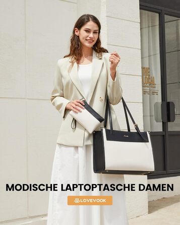LOVEVOOK Сумка для ноутбука, жіноча велика водонепроникна сумка-шоппер з PU шкіри, для роботи, навчання, 15.6 дюймів (Чорний+бежевий)