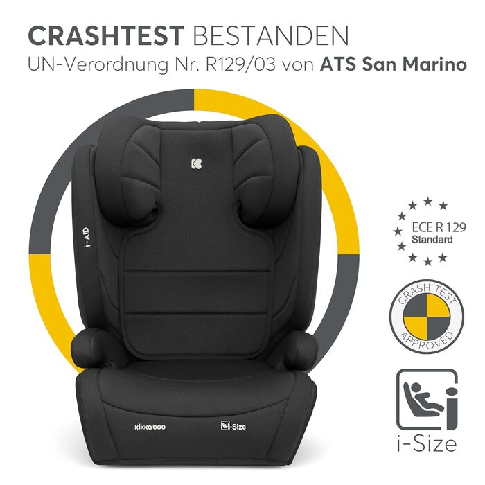 Автокрісло KikkaBoo 15-36 кг i-AID, група 2-3 (3-12 років), чорне. Регульована підголівник, без ISOFIX