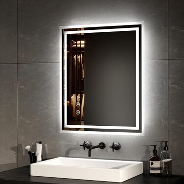 Дзеркало для ванної кімнати EMKE з підсвічуванням 50x60 см, антизапар, 2 кольори світла (тепле/холодне), LED, сенсорне керування