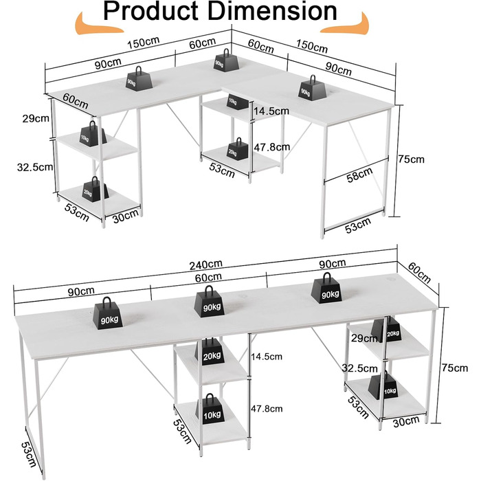 Кутовий письмовий стіл Homall 240 см, L-подібна форма, з місцем для зберігання, ігровий стіл, комп'ютерний стіл для домашнього офісу, білий