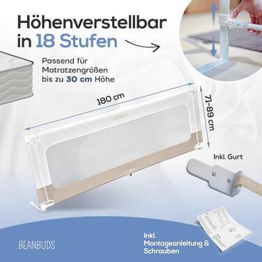 Захисний бортик для ліжка BEANBUDS® 180 см бежевий - бортик на ламелі та для бокспрінг ліжка, захист від випадання для малюка та дитини, з ременями кріплення