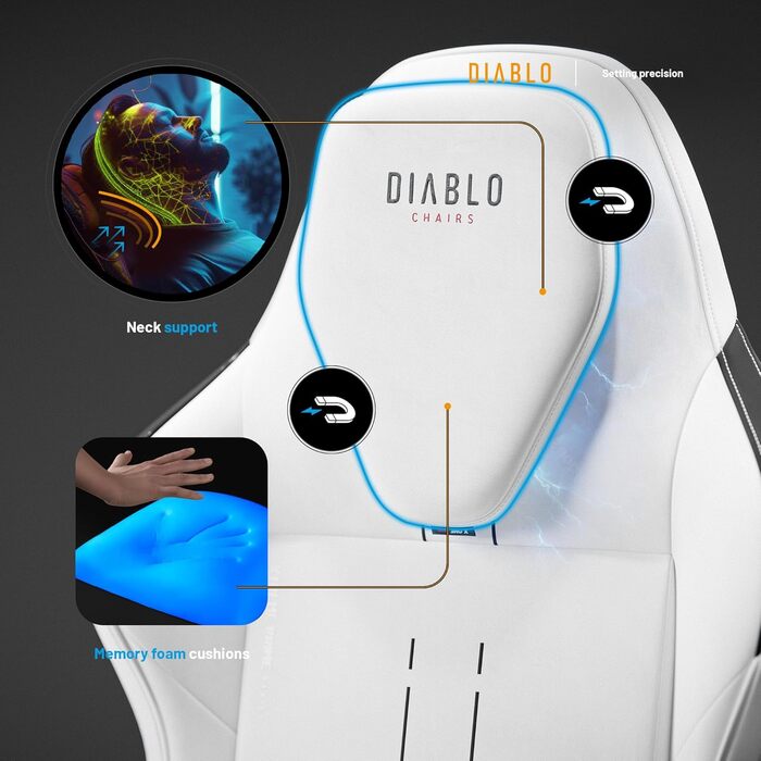 Ігровий крісло Diablo Gaming X.One Prime з підголівником та охолодженням, металева база, регульовані підлокітники, 140 кг, білий