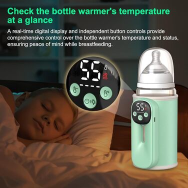 Підігрівач молока бездротовий з LED дисплеєм температури, 8000mAh, для дитячих пляшок, в подорожах, 6 режимів, швидкий нагрів, USB-C зарядка, термоізоляційний чохол для материнського молока, блакитний (зелений)