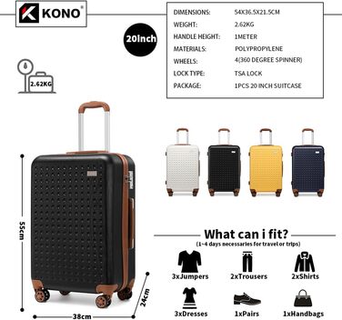 Чемодан-валіза KONO з жорсткою оболонкою, 76x50x31 см, білий (чорний, S 57x40 см) з TSA замком та 4 спіннер колесами