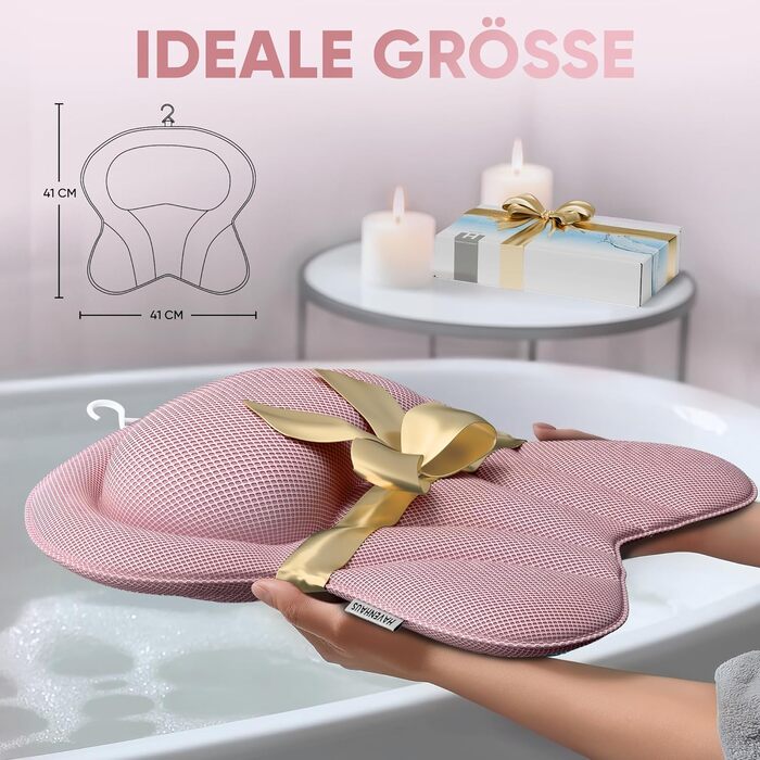 Преміум подушка для ванни XXL рожева | Додаткові подушки для шиї та плечей | Швидковисихаюча, пральна подушка для ванни з 4 великими присосками | Подушка для ванни рожева XX-Large