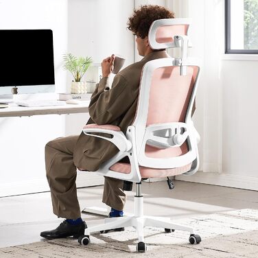 Ергономічне крісло для офісу Fizzin, комп'ютерне крісло з регульованою поперековою підтримкою, дихаюча сітчаста спинка, посилене сидіння, зручне крісло для дому та офісу (рожеве)